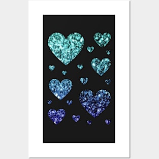 Teal and Dark Blue Ombre Faux Glitter Hearts Posters and Art